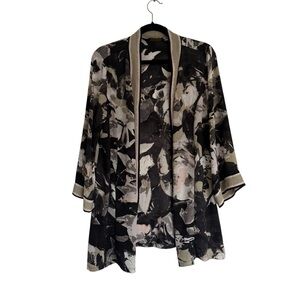 Bob Mackie Women's Watercolor Rose Printed Woven Cardigan Black Pockets Large‎